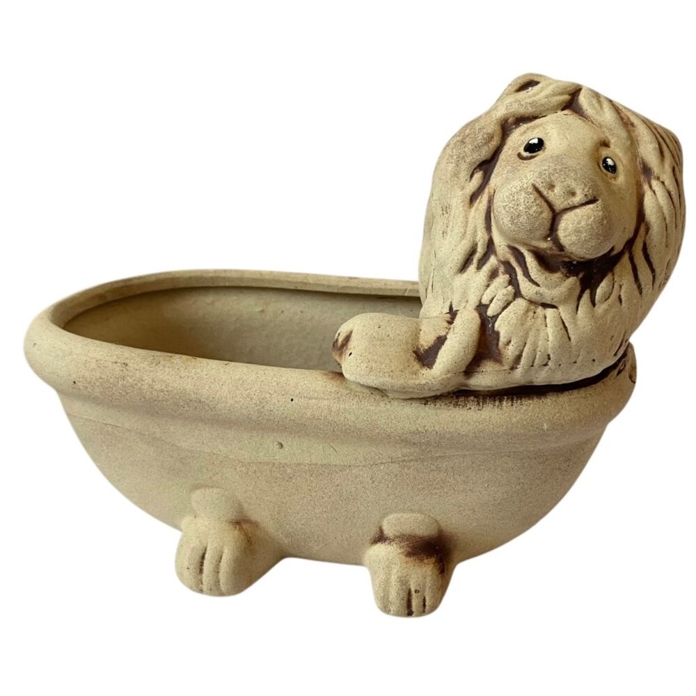 VTG Clay Pottery Smiling Lion in Clawfoot Tub Planter Vase Soap Trinket Dish